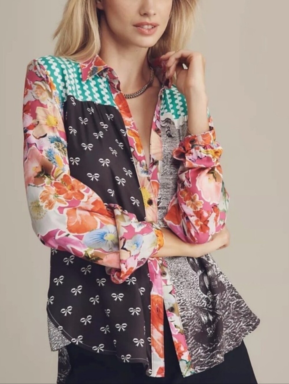 Maeve The Paz Eclectic Mixed-Print Button Front Shirt in Pink, Green & Black